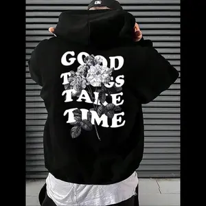 Men's "Good Things Take Time" Graphic Print?Comfort Hoodie, Vintage Floral & Letter Print Drawstring Pocket?Long Sleeve?Hooded Sweatshirt, Menswear