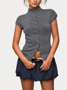 2026 Spring New Minimalist Aesthetic Solid Color Half High Neck Short Sleeve Women's Knitwear Top with Button, Slim Fit Casual Wear for Commuting and Dating Womenswear