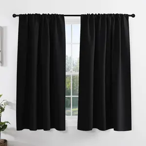 PONY DANCE Short Blackout Curtains – 45” Thermal Insulated Kitchen & Bathroom Window Drapes, Rod Pocket Design, 2-Panel Set in Classic Black (42” Wide Each)