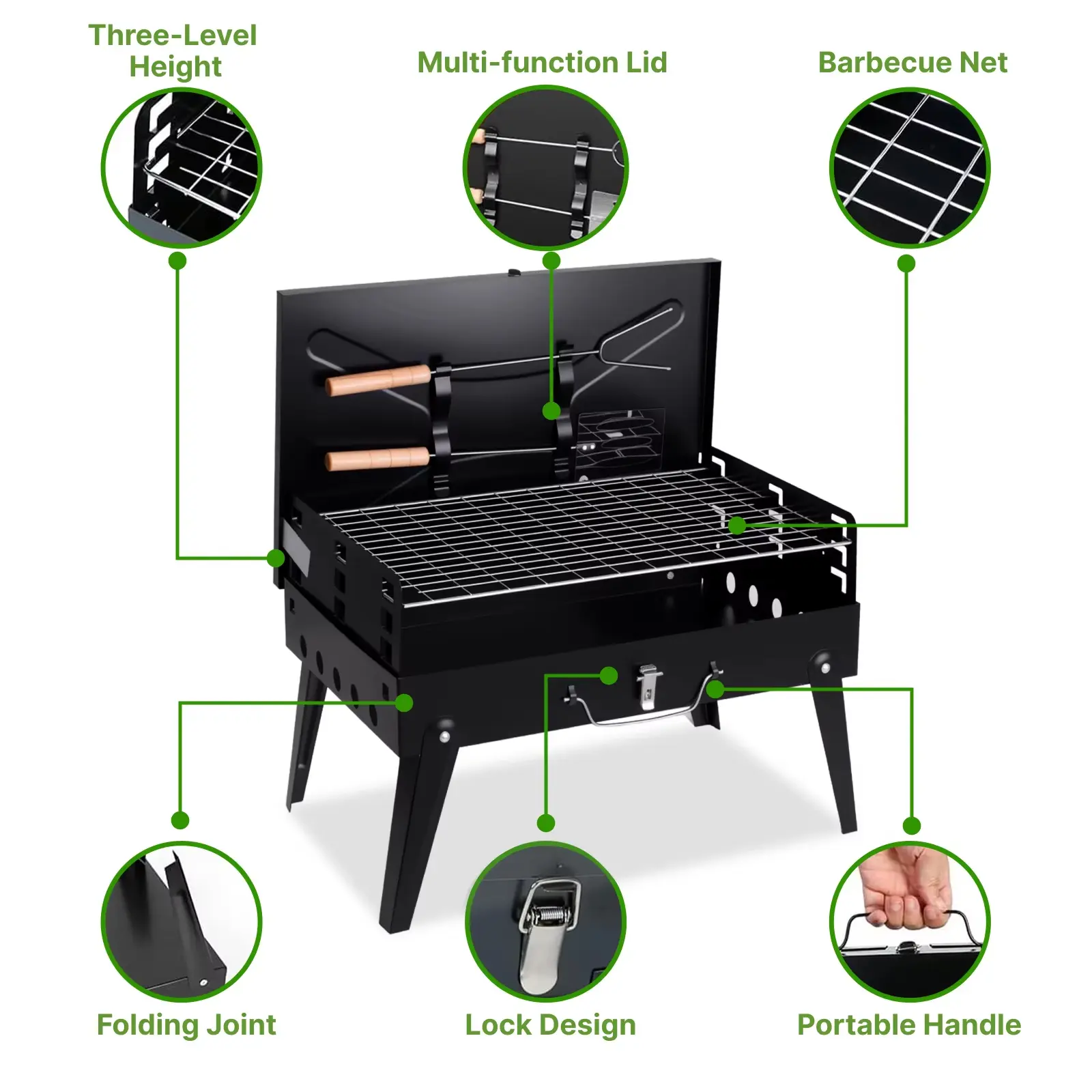 Portable Heavy-Duty Cast Iron Charcoal Grill - 3-Level Height Adjustable, Alloy Steel Foldable Open Lid Barbecue Stove, Compact Outdoor Patio Backyard Gear for Camping, Picnics, Grills