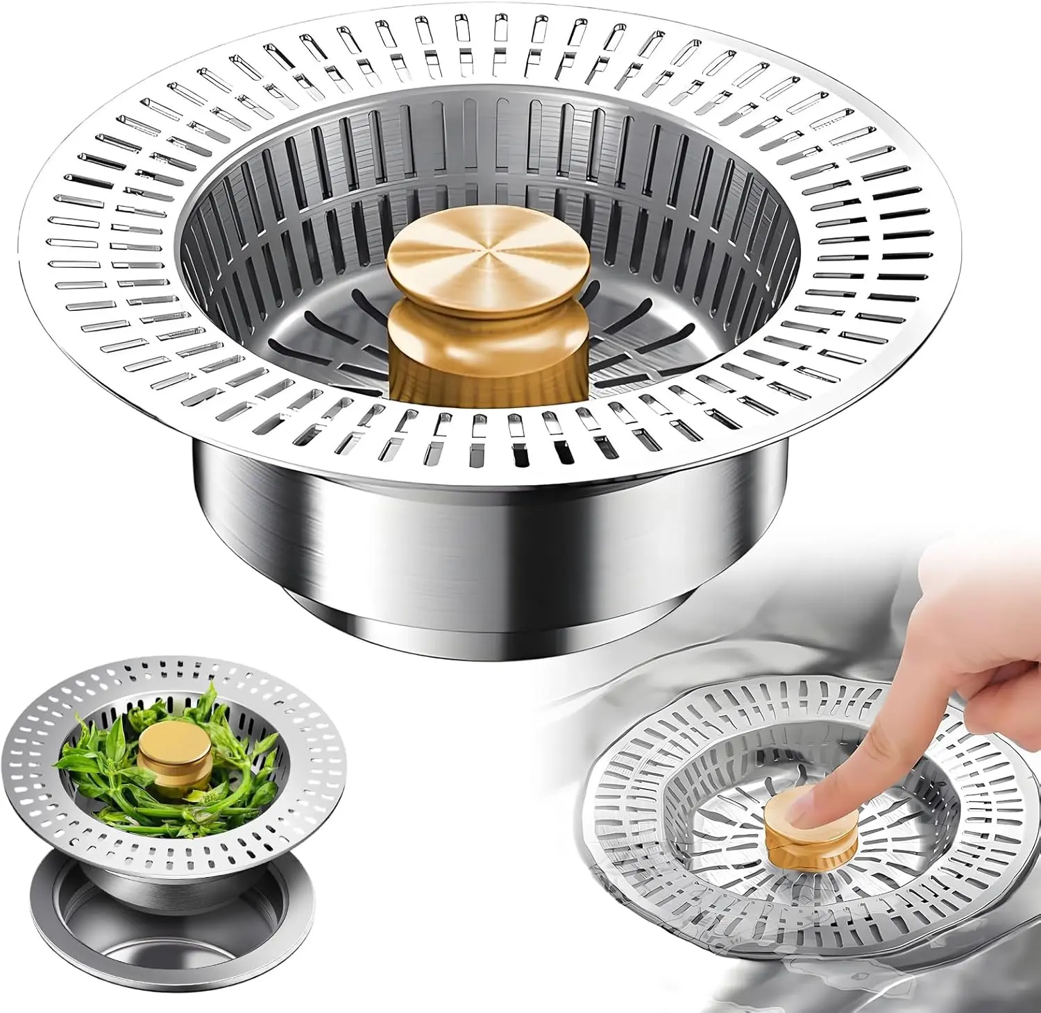 Stainless Steel 3-in-1 Kitchen Sink Strainer & Plug Accessory - Smooth Spring-Up Drain Cover with Waterproof Anti-Clotting Mesh Filter Basket, Copper Inner Core, Fits 3 1/2-in American Standard Kitchen Drains for Easy Cleaning