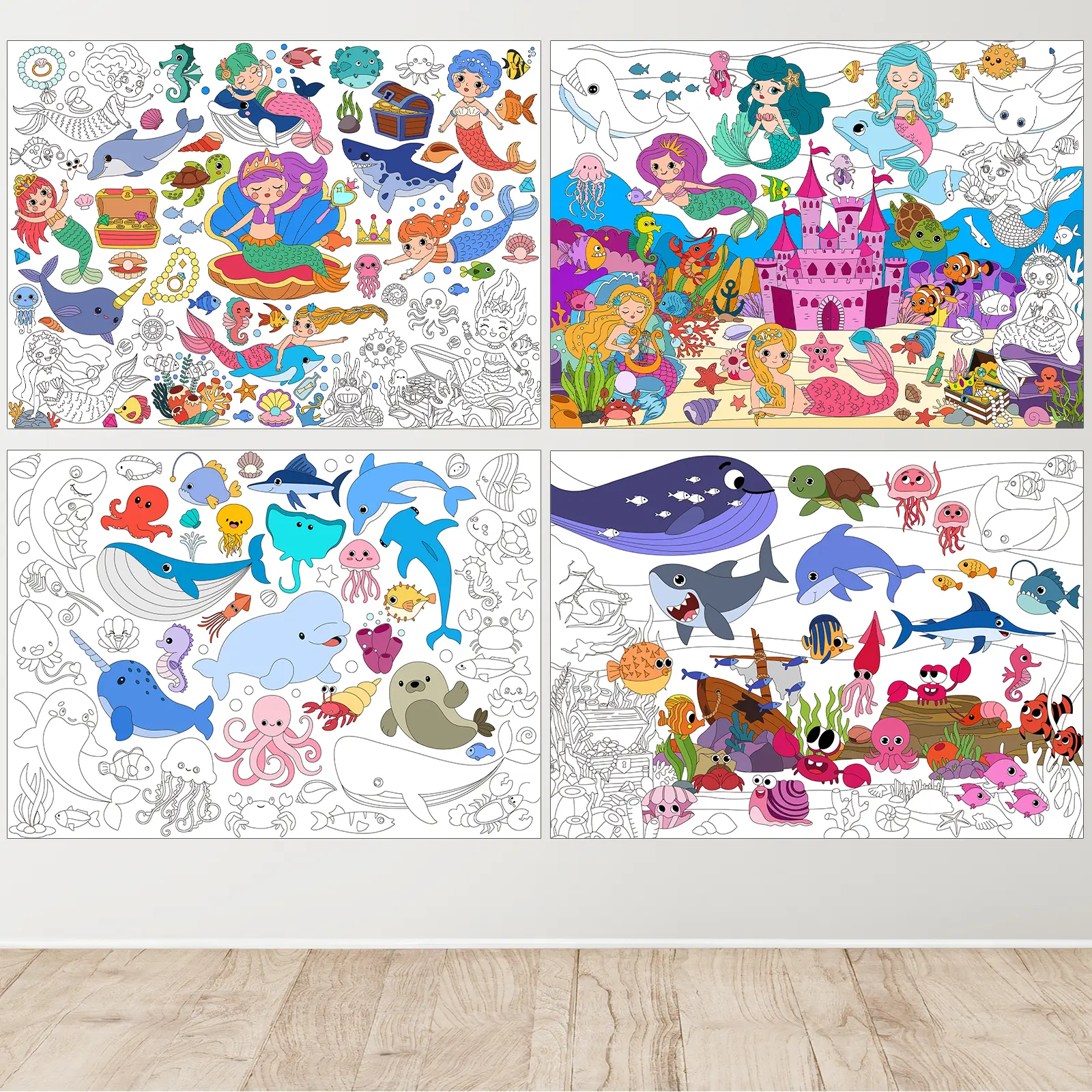 4 Pack Giant Coloring Posters - Mermaid & Sea Creature Theme Jumbo Coloring Tablecloth for Kids | Table & Wall Coloring Sheets, Class Home Craft Activities, Party Favors, Decorations & Kids Gifts