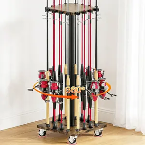 Fishing Rod Holders for Garage 360° Rotating Fishing Pole Rack, Floor Stand Holds up to 16 Poles Fishing Gear Equipment Storage Organizer, Fishing Gifts for Men Women, Brown