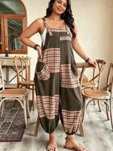Plus size women's fashionable versatile color-block double-pocket cuffed overalls, Sleeveless, suitable for summer, daily commuting, casual wear, and vacation, Womenswear