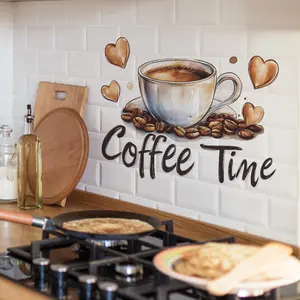 Colorful Coffee Cup Wall Sticker Stick on Backsplash with Heart Design, English Slogan Decorative Decal for Home Background, Unique Kitchen Decoration