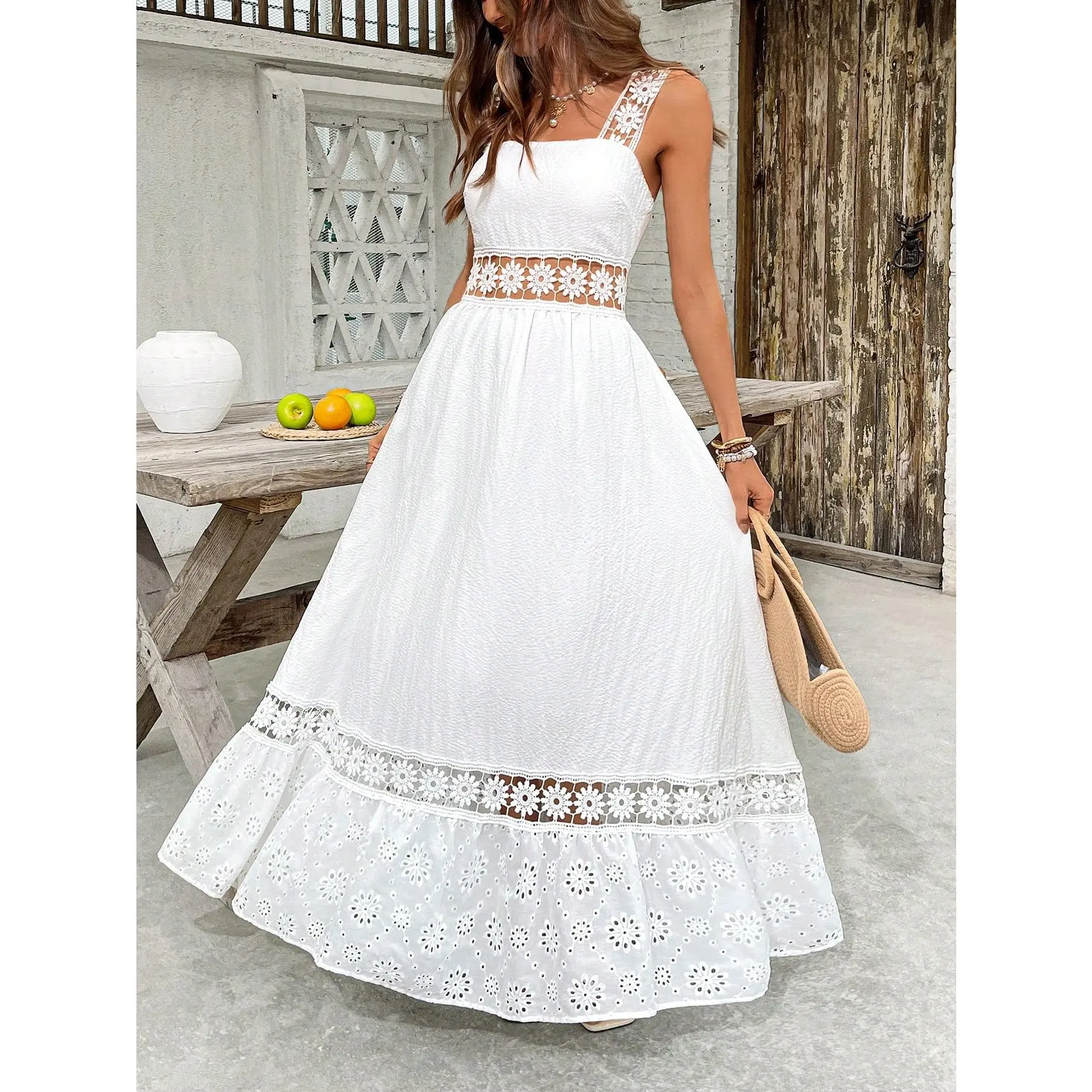 Summer Holiday Date Sundress – Simple Lace Textured Fabric, Adjustable Straps, Versatile for Beach, Office, or Casual Outings, Perfect for Back-to-School and Dating Fit White Sleeve Womenswear