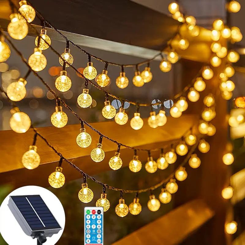 Solar String Lights Outdoor, 39FT 100 LED Warm Yellow Crystal Globe, IP65 Waterproof, Auto On/Off, 8 Modes Solar-Powered for Patio Garden Wedding Decorations