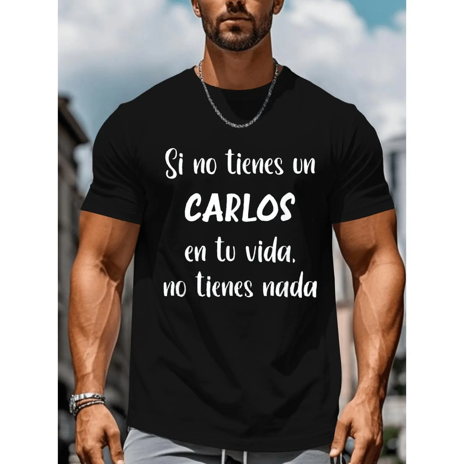 Men's Spanish Phrase Graphic T-Shirt - 'If You Can't Find Carlos In Life, You Can't Swim' Menswear Tops, Lightweight Breathable Shortsleeve Round Neck Casual T-Shirts, White Text Print, Regular Fit, Suitable for Casual Wear, Gym