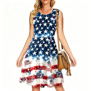 4th of July Dress for Women Summer Dresses 2026 Patriotic American Flag Star Print Sleeveless Casual Sundress A Line Flowy Beach Dress Independence Day Outfit Holiday Party Clothes