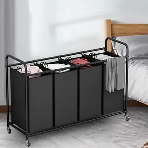 4 Bag Bedroom Set Basket Storage Box Sorter Hamper Cart with Heavy Duty Rolling Lockable Wheels and Removable Bags Laundry Container Metal Organiser