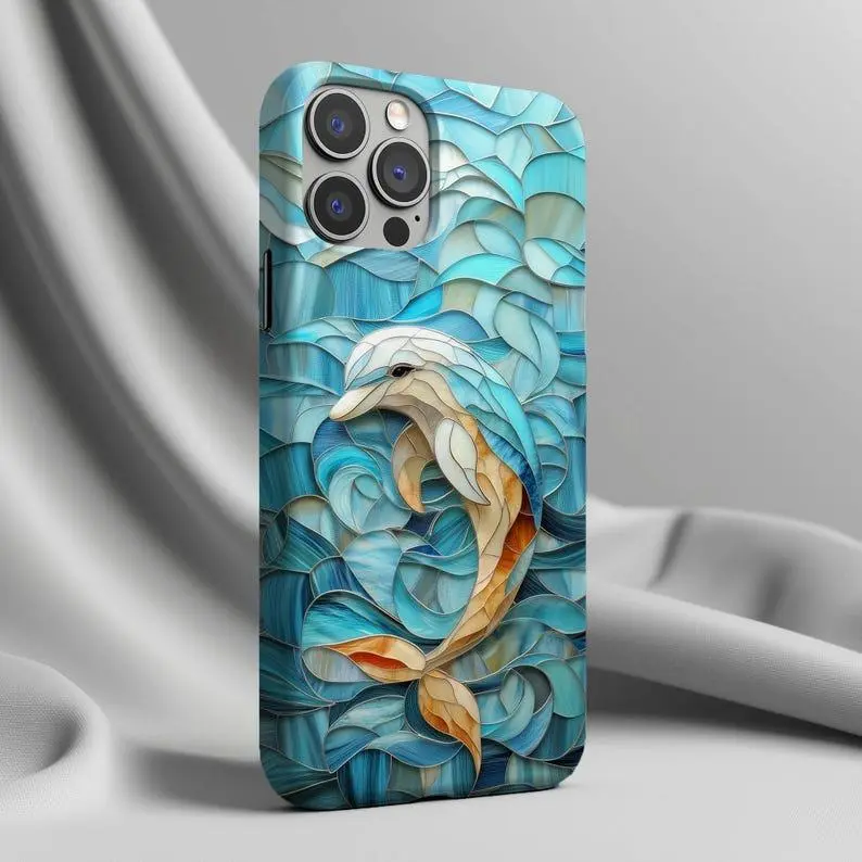 Dolphin Stained Glass MagSafe Phone Case, Unique Nature Inspired Ocean Lover Mosaic Faux Glass Design. Case Suitable for IP 11 12 13 14 15 16 17Pro, Plus, Promax,Tough Case
