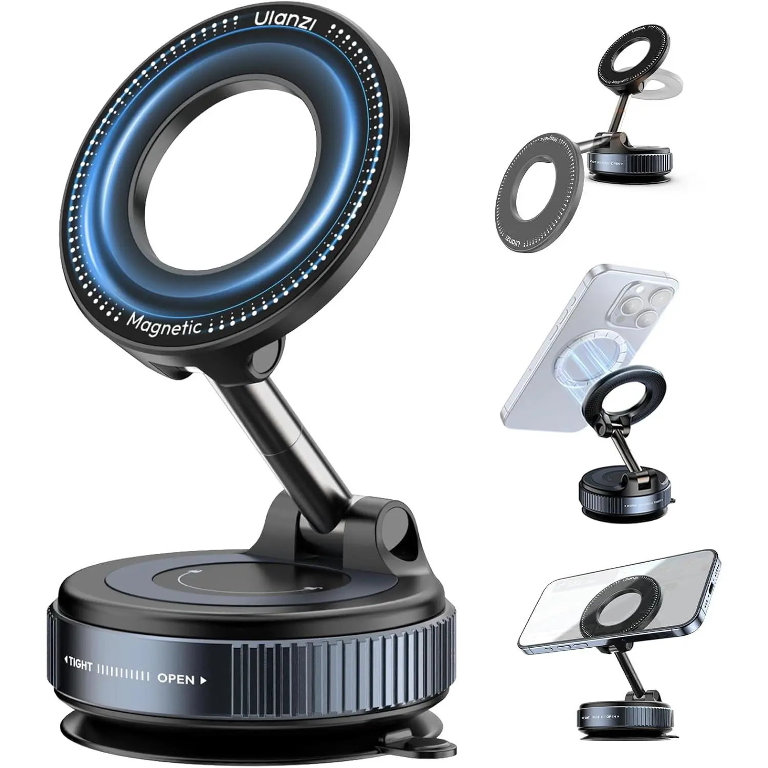 ULANZI SK-25 Car Phone Holder for Magsafe, Vacuum Suction Cup Magnetic Phone Mount, 360° Adjustable Phone MagMount for Car/Ceramic Tile/Gym/Mirror, Load up to 1kg, Magnetic Force ≥14N（Black）,back to school,back to school haul