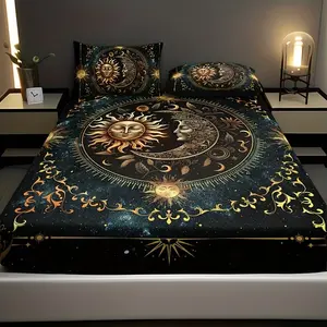3pcs Moon Planet Print Bed Skirt Set, 360° Fit, Non-Slip, High Elasticity, No Iron, Includes Bed Skirt and Two Pillowcases