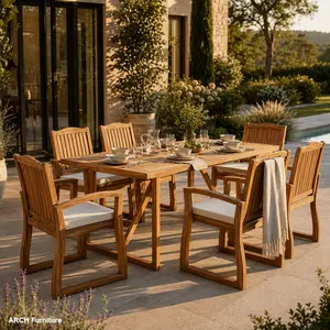 7-Piece 6-Seater Modern All-Weather Solid Acacia Wood Outdoor Dining Set - 6 Cream Cushioned Chairs, 1 Large Slatted Top Table, Patio Furniture for Lawn, Backyard, Six-Seater, Solid Wood
