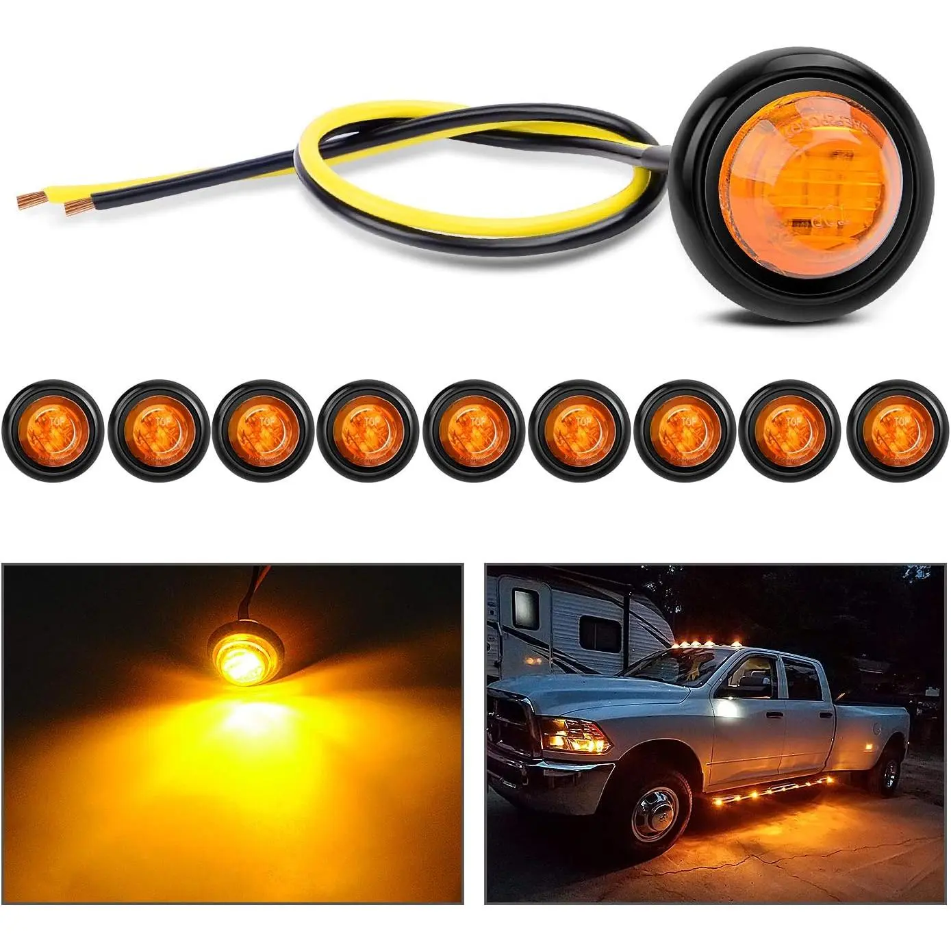Nilight 10PCS 3/4" Round 12V DC LED Auxiliary Lights - 3/4" Hole Amber Marker Lights, Waterproof Surface Mount for LED Truck Pickup, 12V DC Trailers, Boat