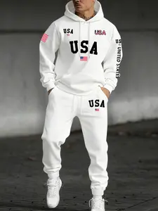 Men's Letter Flag Print Hoodie Set, Kangaroo Pocket Drawstring Hooded Sweatshirt + Waistdrawstring Sports Pants 2 Piece Set