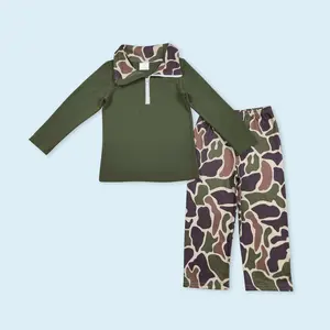 Long sleeves zip pullover green camo pants boys hunting clothes
