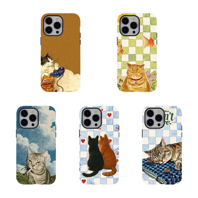 Textured Soft PU Leather Shockproof Phone Case for iPhone 11-17, Air/Pro Max - Vintage Funny Cat Painting Print, Retro Aesthetic Cartoon Kitten Design, Anti-Scratch Protective Shell for Pet Lovers anti-fall