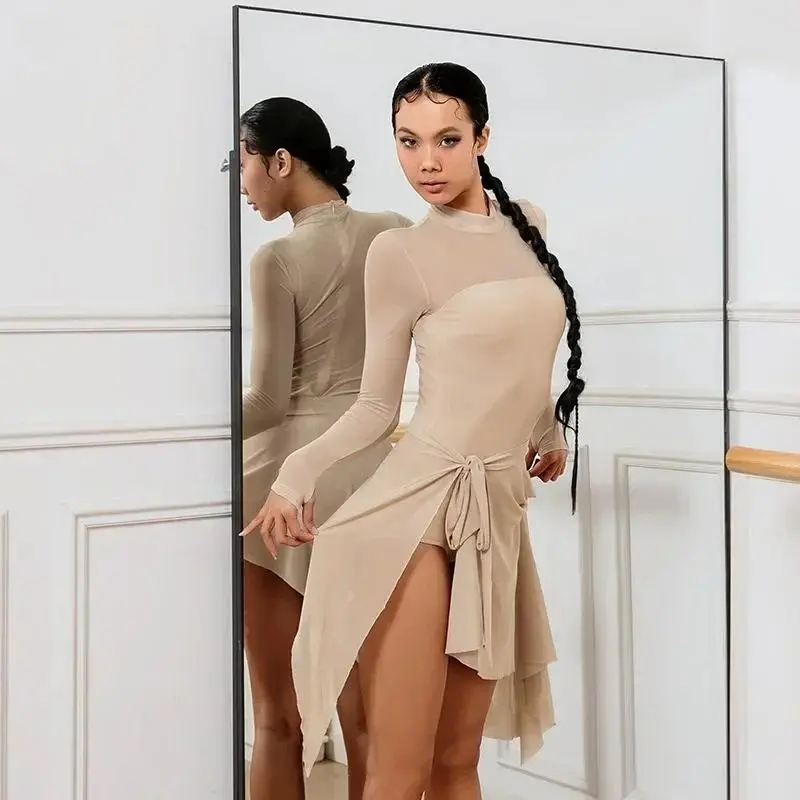 2025 Summer Women’s Elegant Latin & Ballroom Dance Unitard Set with Built-in Bra & Skirt - Sophisticated Performance Outfit