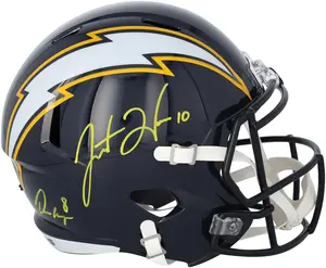 Omarion Hampton and Justin Herbert Los Angeles Chargers Autographed Riddell 2025 Alternate Navy Speed Replica Helmet - Fanatics Authentic Certified