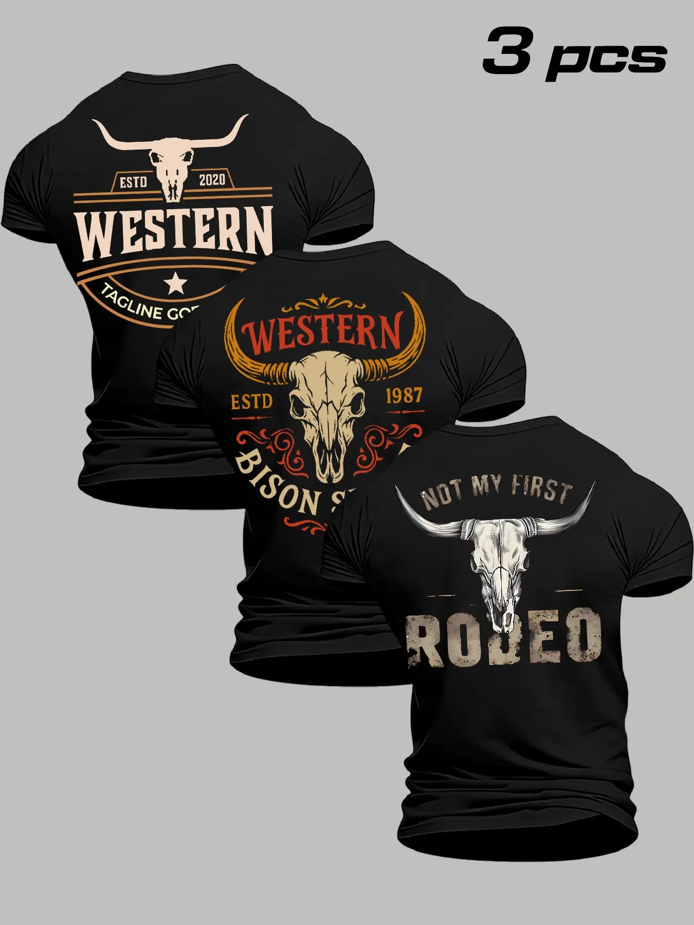 Men's Breathable Soft Durable Loose Classic Western Cowboy Style Cow Print Round Neck Short-Sleeve T-Shirt (3-Pack)
