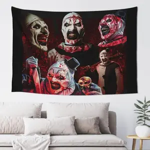 Horror Spooky Clown Characters Tapestry - Polyester Thriller Wall Hanging for Bedroom & Living Room Decor, Horror Movie Themed Banner, Home Textile