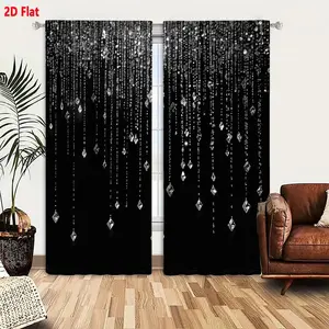 2D Flat Black Background Hanging Diamond Crystal Beaded Curtain 2-Piece Set, Clear White Shimmering Cascading Crystal Decorative Curtains, Luxurious Elegant Chandelier-Style Drapes for Bedroom Living Room, Sparkling Light-Reflecting Vertical Line A
