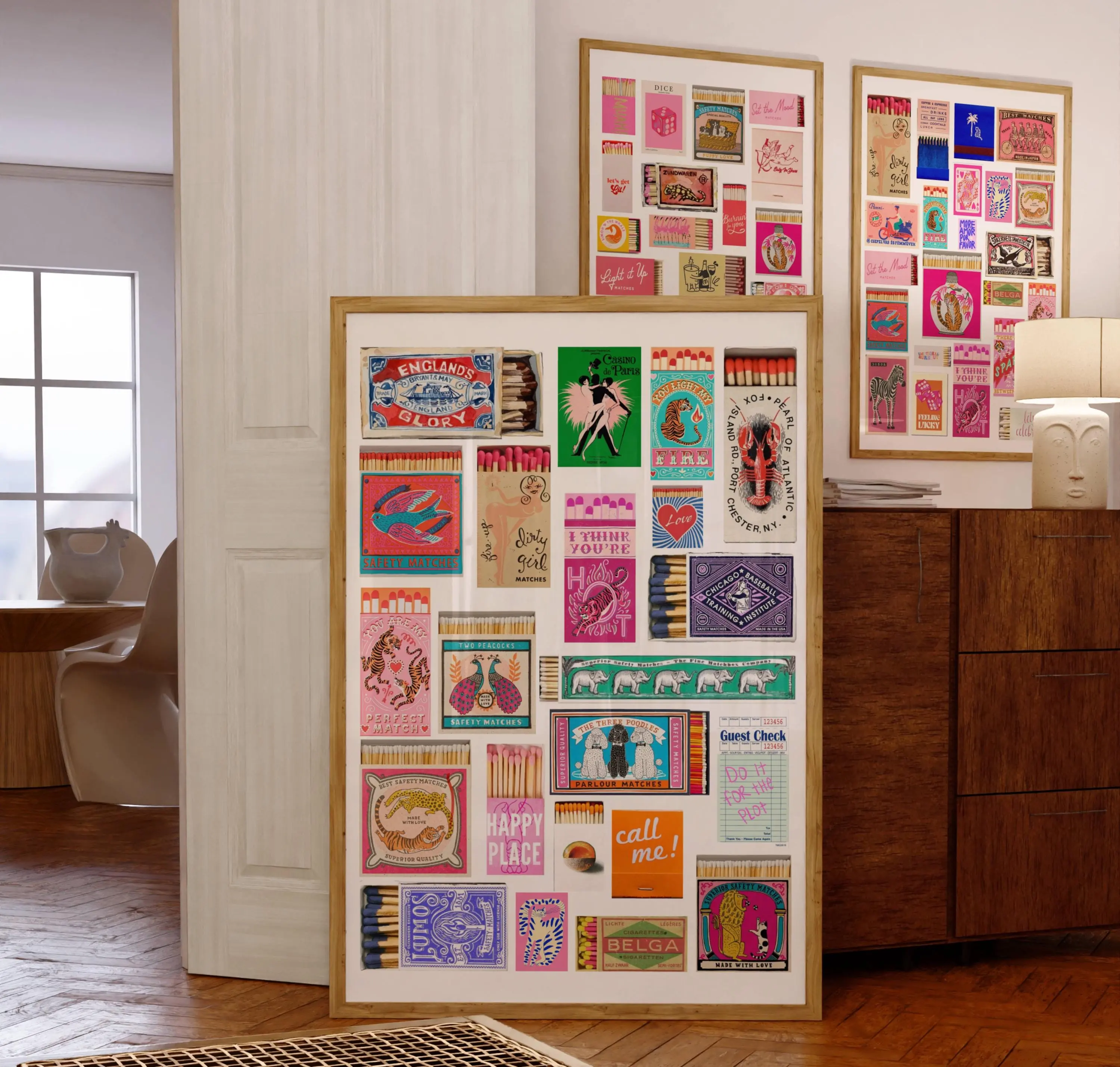 Retro Pink Matchbox Poster, Colorful Vintage Matchbook Print, Funky Matches Collage Wall Art, Dopamine Decor