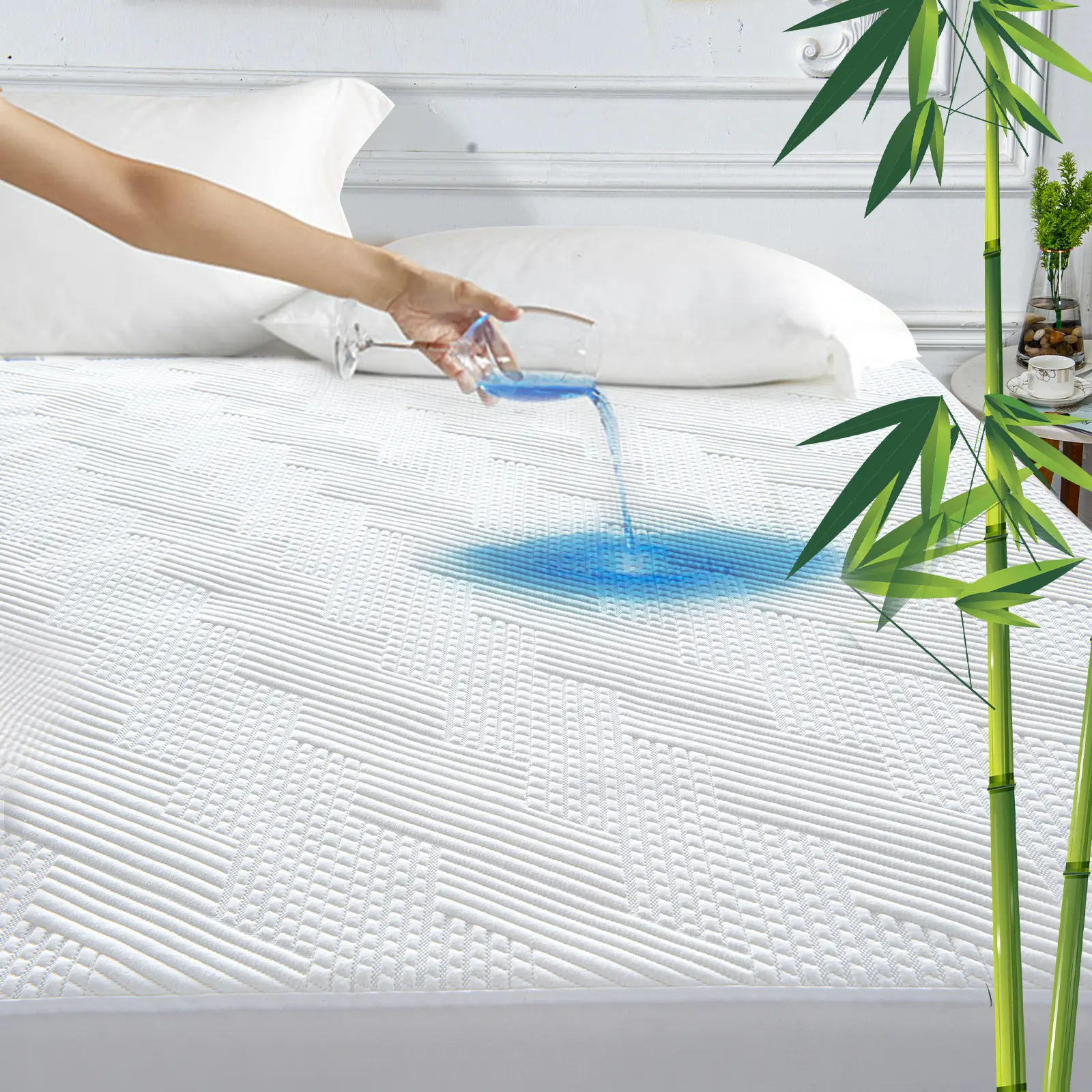 GRT Double Cooling Waterproof Bamboo Mattress Topper with Fitted Sheet, 3D Air Fiber Cooling Mattress Protector, Ultra Soft Silent 8-26" Deep, Do Not Iron, Ideal for Bedroom Use