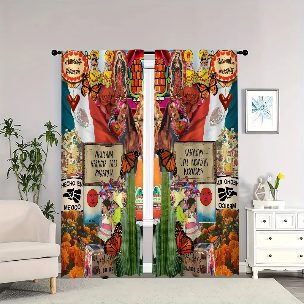 Mexican-themed collage of butterflies, roses, and cacti; double-sided blackout curtains; suitable for living rooms, bedrooms, and apartments; perfect for decorating in the new year. Home Decoration Curtain, Thermal Insulated Curtain