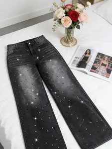 Women's Y2K Style Wide Leg Jeans, Gradient Color Denim Jeans, Rhinestone Embellished Texture, Mid Waist, All Seasons, Casual Wear
