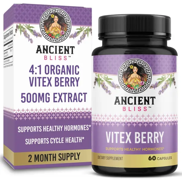 Ancient Bliss Certified Organic GMO-Free Vitex Chasteberry Halal 4:1 Botanical Extract Capsules for Women Adults - 500mg, 60 Daily Herbal Supplements - Supports Hormone Balance, Cycle Health, Energy and Focus, Hormones, Non-Gmo