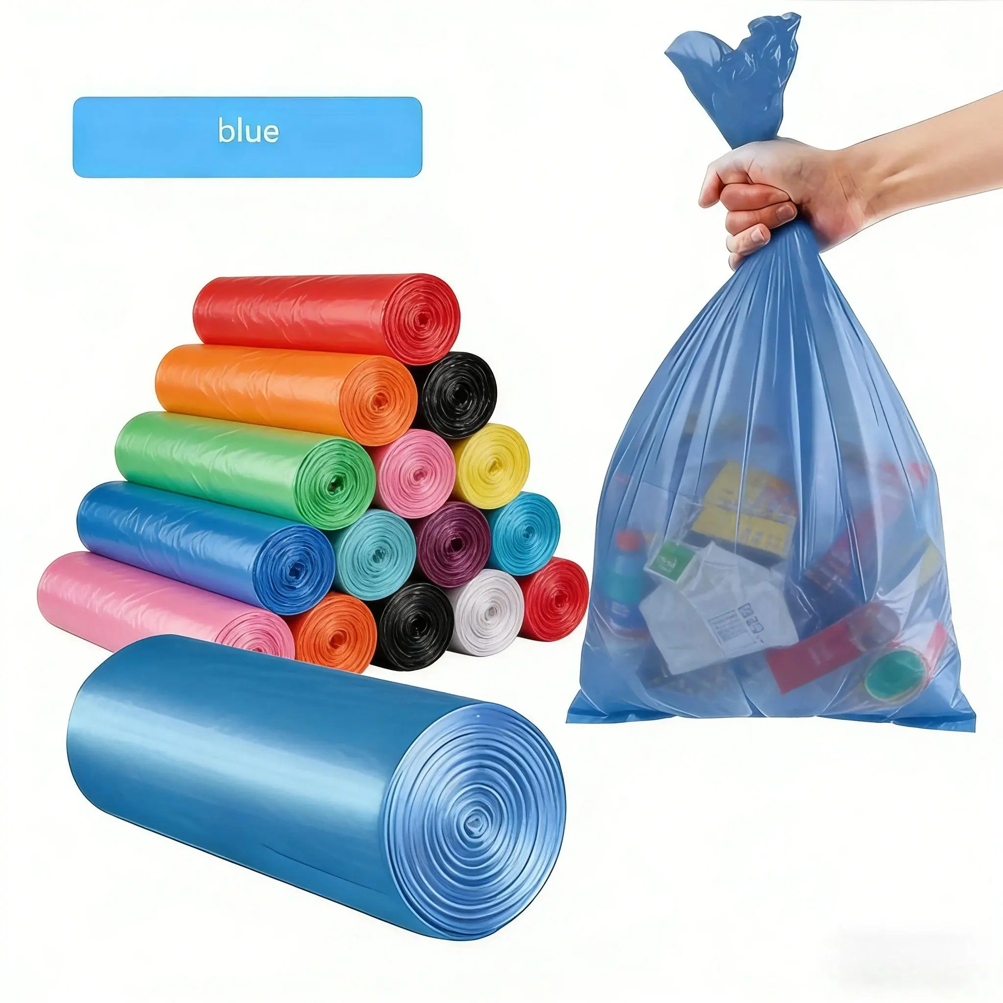 Bulk Pack Blue Plastic Drawstring Trash Bags (300 Pcs) - Tall, Leak-Proof, Extra Thick, Strong, Tear-Resistant Draw String Bags for Kitchen, Office, Daily Cleanup, Handles Large Loads, Locks in Spills, Food & Beverage Safe