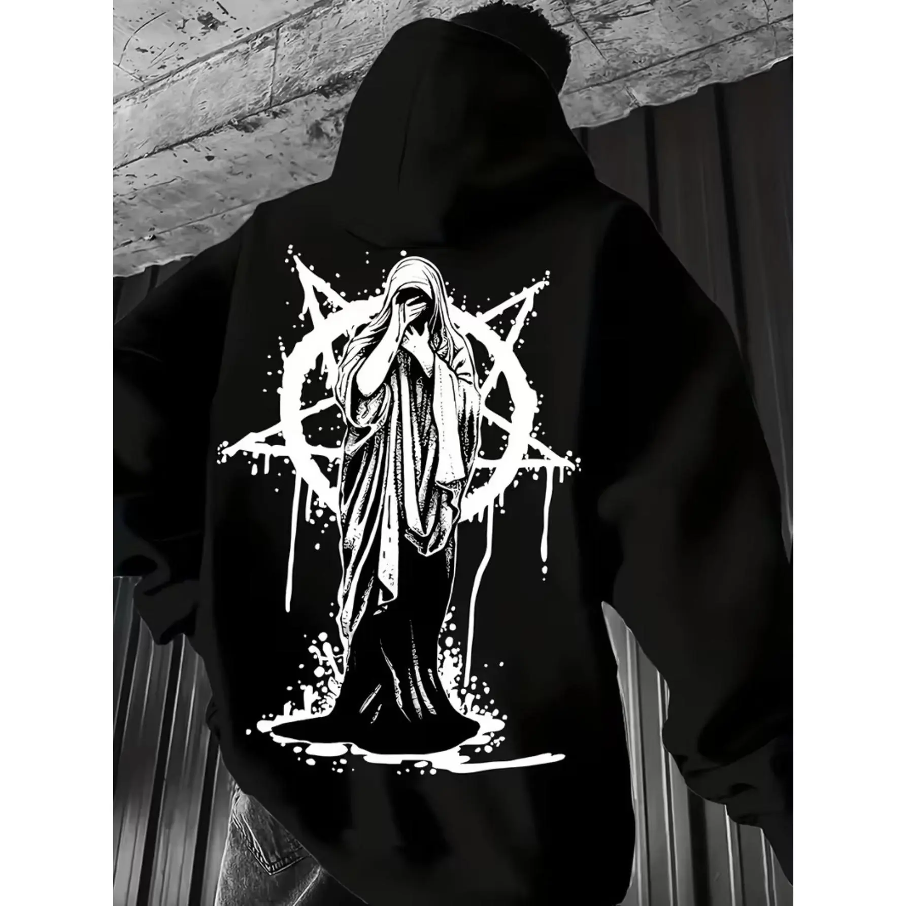 Men's Gothic Faith Graphic Hoodie with Pentagram & Hooded Design - Stretch Polyester Blend, Machine Washable Loose Fit Casual Streetwear for Spring/Autumn - Black & White Geometric Print Outdoor Sports Apparel, Spring Fashion, Autumn Clothing, Street Fash