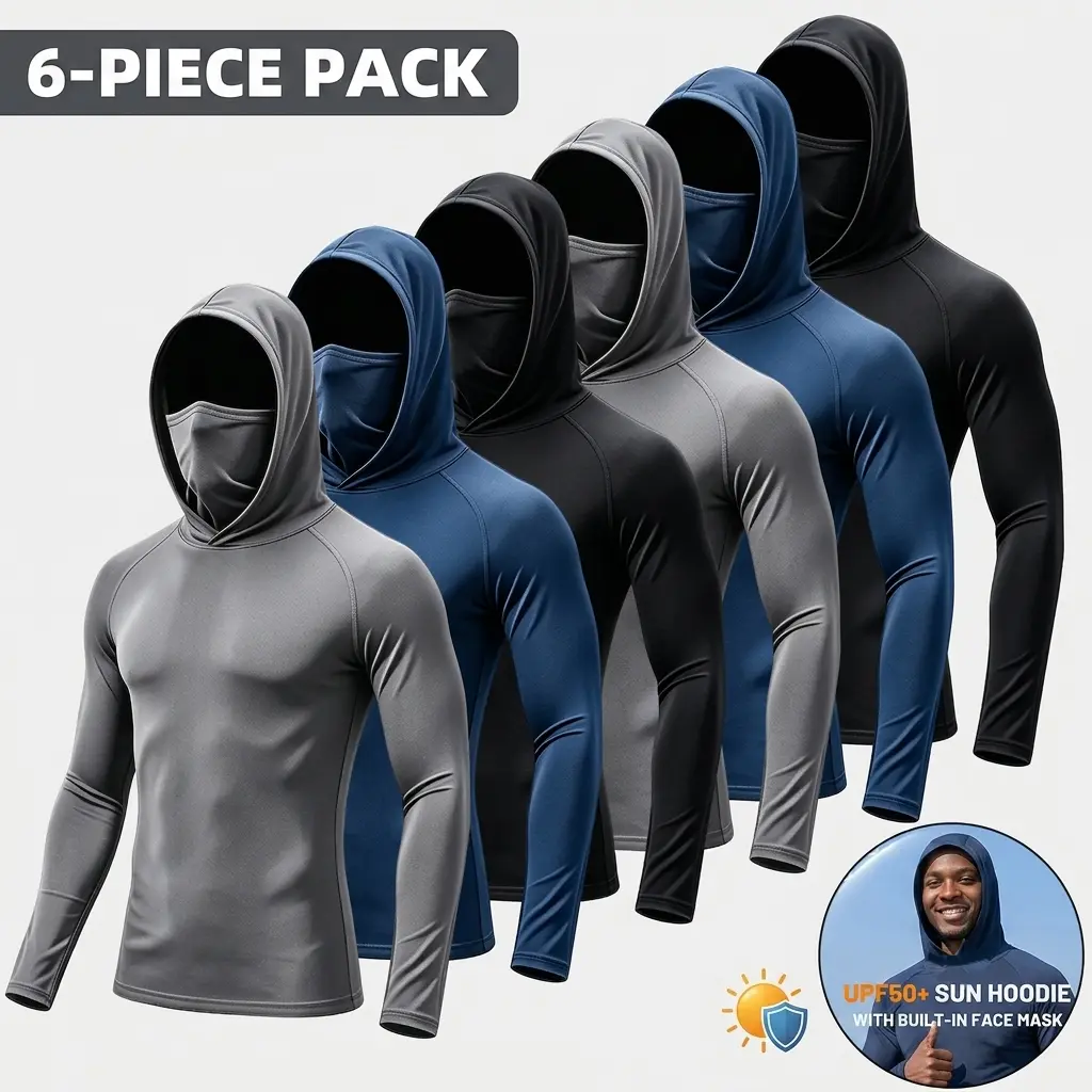 Men's 6-Pack Polyester Quick Dry Sports Hoodie with Integrated Face Mask, Breathable Long Sleeve Compression Athletic Base Layer Workout Wear for Gym, Running