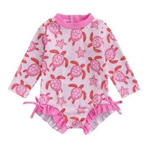 [Lullaby] Toddler Girls Rash Guard Swimsuit Rompers Long Sleeve Turtle Print Baby Ruffles Bathing Suit Swimwear