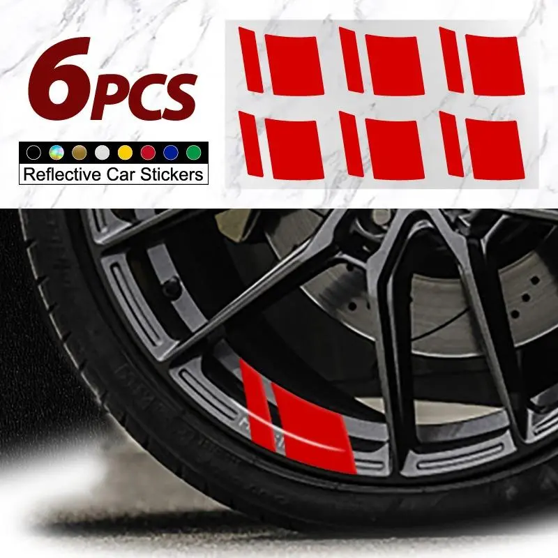 6pcs Universal Automotive Car Wheel Rim Vinyl Decal Stickers with Reflective Hash Marks and Stripes for Racing Wheel Hub Decoration Car Accessories