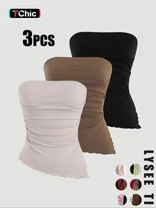 2026 Valentine's Day Women's 3-Piece Autumn/Winter Tube Top Set, Casual Fashion Sports Multicolor High-Elastic Tops with Lettuce Trim