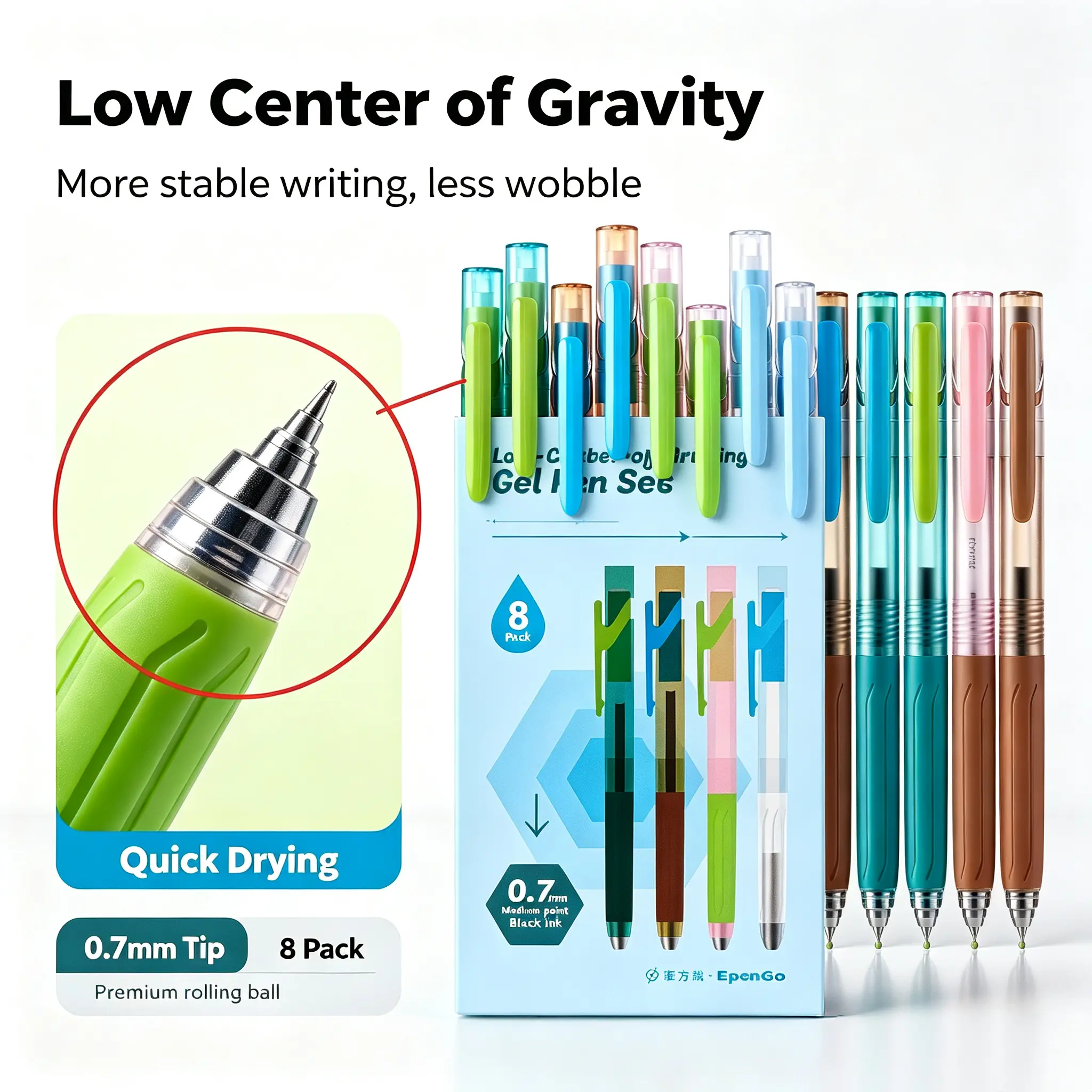 EpenGo Low-Center Gravity Gel Pens, 8-Pack, 0.7mm Medium-Fine Tip, Quick-Dry Ink, Smooth Writing, College School Supplies for Students, Ideal for Journaling & Notes
