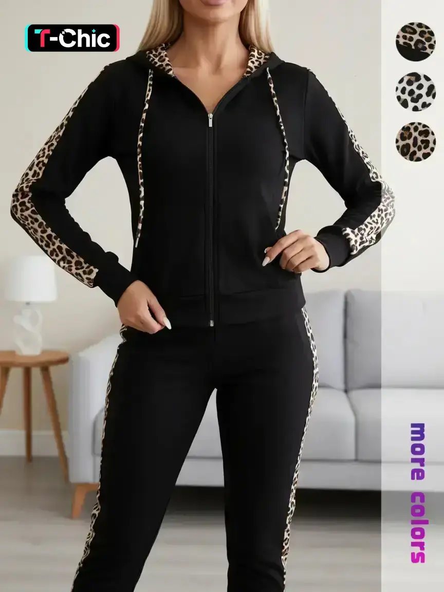 Women's Patchwork Leopard Print Side Stripe Zip Up Drawstring Adjustable Fitted Jersey Hoodie & Pants Two-piece Set, Casual Long Sleeve Hooded Sweatshirt & Trousers for Fall & Winter, Women's Clothes for Everyday Wear, Womenswear, Casual Style Set