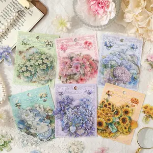 A SET FOR 3 PACKS Floral Messenger aesthetic botanical stickers: waterproof die-cut flowers, sunflower, plants, landscape scenes for journaling, DIY scrapbooking, collage, phone case decoration, and mixed media art.
