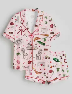 Paris Café Pajama Set for Women – Button-Up Short Sleeve Pajamas with Shorts, Romantic French Lounge Sleepwear Gift