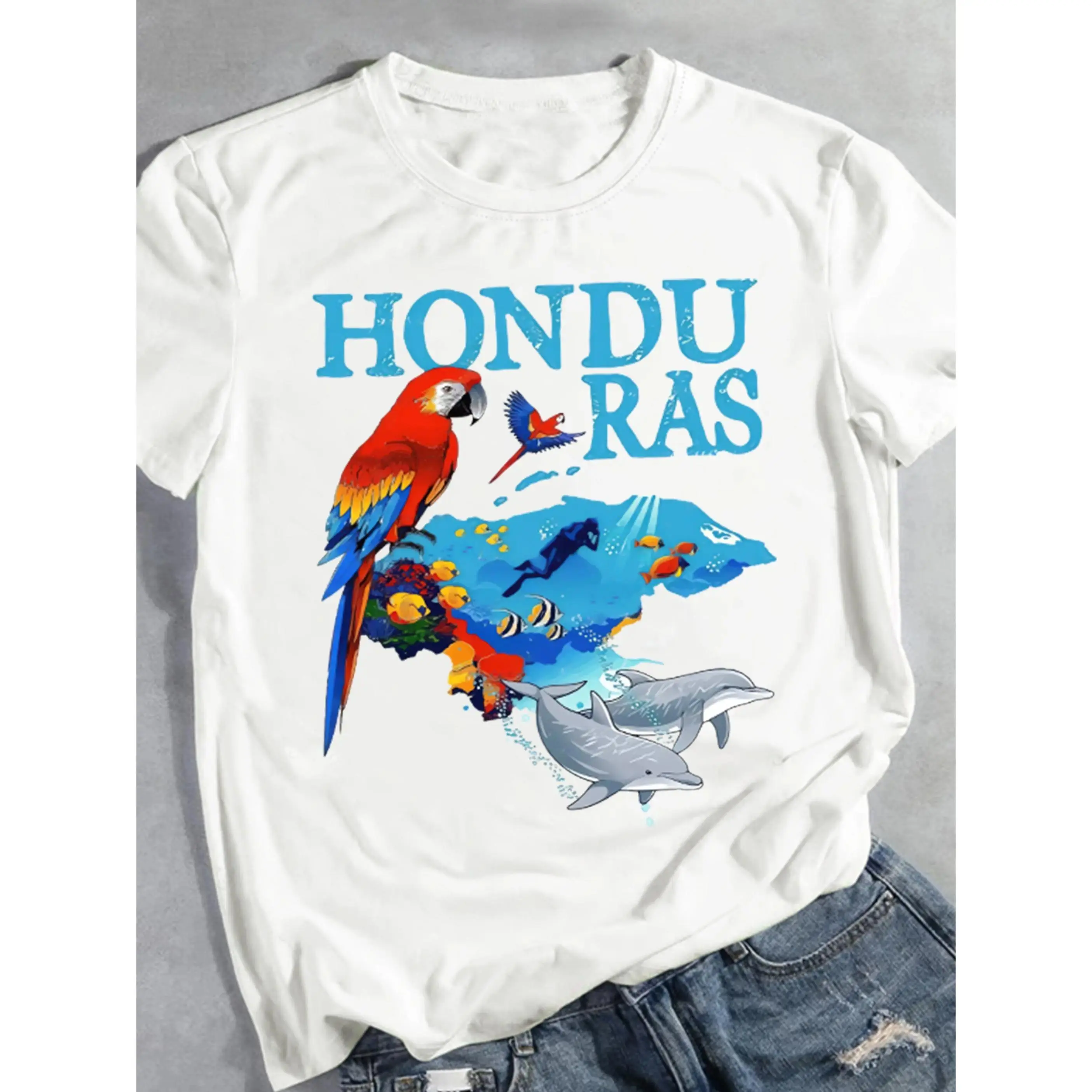 Women's 1-Pack Honduras Cartoon Print Short-Sleeve 100% Cotton Tshirt, Round Neck, Regular Fit, Lightweight Breathable, All-Season Comfort, Machine Washable, Shortsleeve, Top