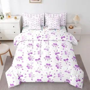 Girls Purple Bow Comforter Bed Set with Sheets,Cute Coquette Purple Bows Bedding Set,7Pc Kids Women,Princess Ribbon Bow Tie Fitted Flat Sheet,Bowtie Bed Set
