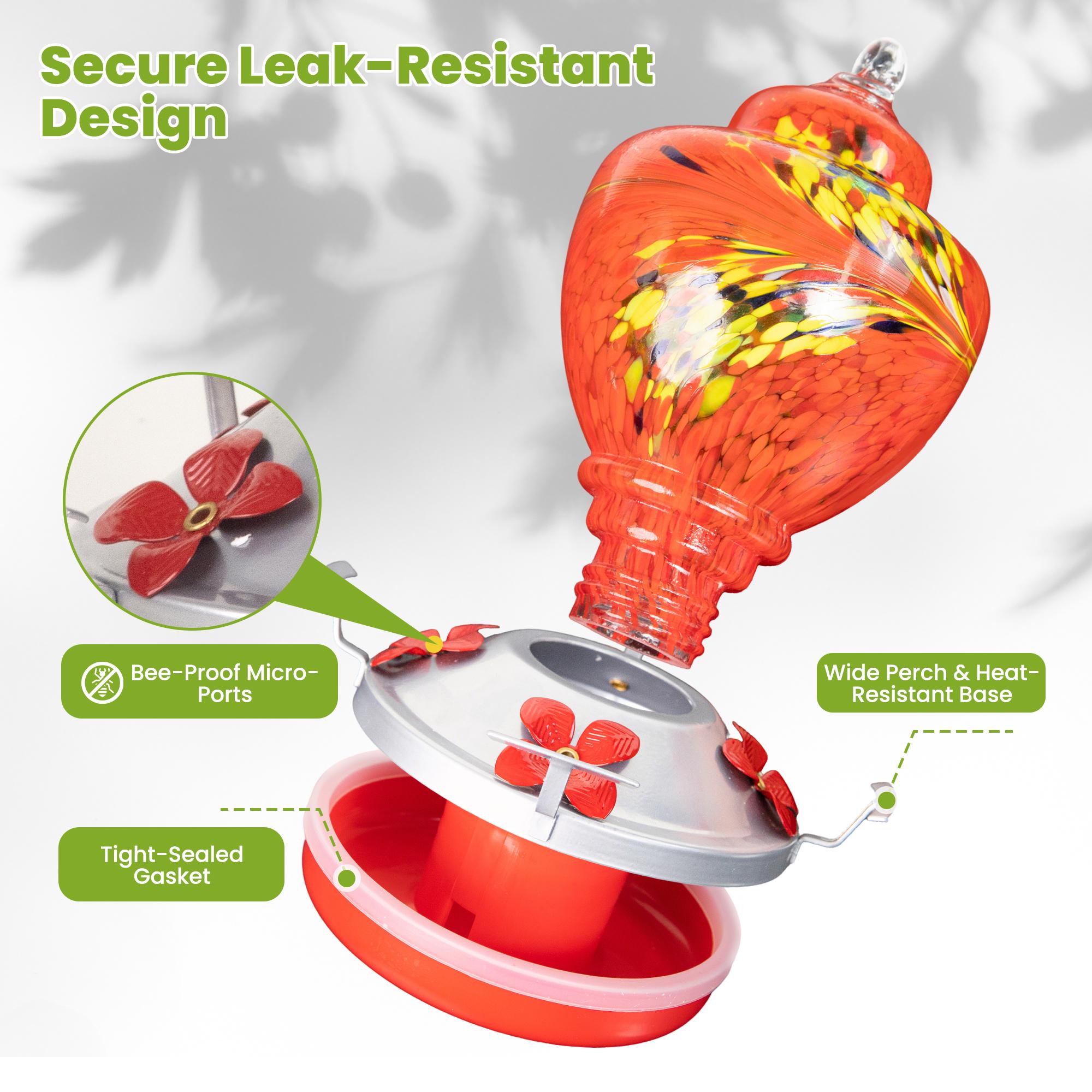 ennvaofficial outdoor garden large hummingbird feeder, 32-ounce colorful hand-blown glass hummingbird feeder, equipped with an anti-ant guard, hanging hook, rope, brush, and service card (red)