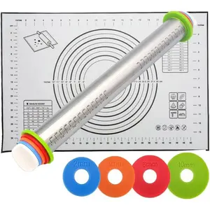 Rolling Pin and Baking Pastry Mat Set,Stainless Steel Dough Roller,Rolling Pins with Adjustable Thickness Rings,for Baking Fondant,Pizza,Pie,Pastry,Pasta,Dough