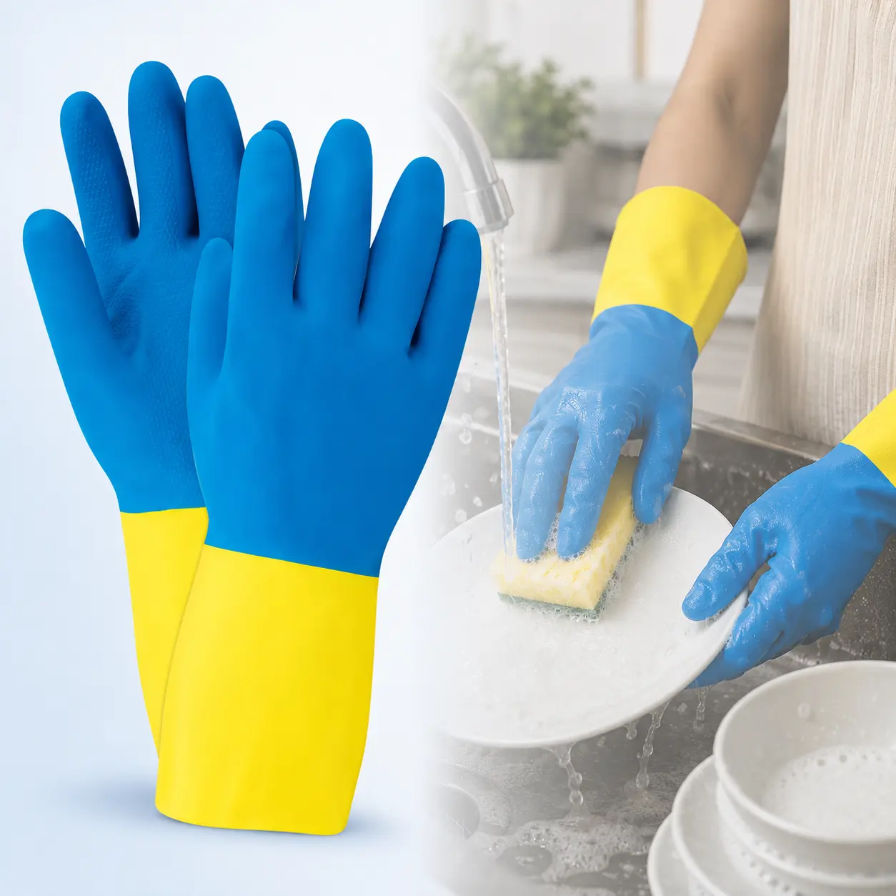 Soft Scrub Neoprene Cleaning Gloves M Blue 1 Pair, neoprene latex, chemical protection, acid alkali oil resistant, extra-long cuff, cotton lining, embossed non-slip grip, dishwashing, appliance cleaning, bathrooms, floors, car washing, indoor chores, DIY