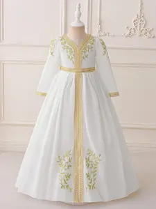 4-7Y Kids Clothes Muslim Embroidered Flower Girls Princess Long Sleeve Ball Gown Frock Children Formal Evening Party Banquet Pageant Prom Host Cocktail Dress