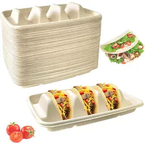 50 count Disposable Taco Holder for Party,Disposable Taco Plates with 3 Dividers Disposable Taco Holders for Party, Taco Tray Holder, Pulp Fiber Plates Disposable for Taco Tuesday Lazy Susan Taco Bar