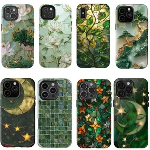 Green Vibe Faux Stained Glass Collection Printed Themed Phone Case Premium Matte Texture, Protection, Shockproof, Anti-Drop, Anti-Fingerprint For IPhone 17-12, Pro Max, Pro Plus, and Samsung S25-22 Protection Safety